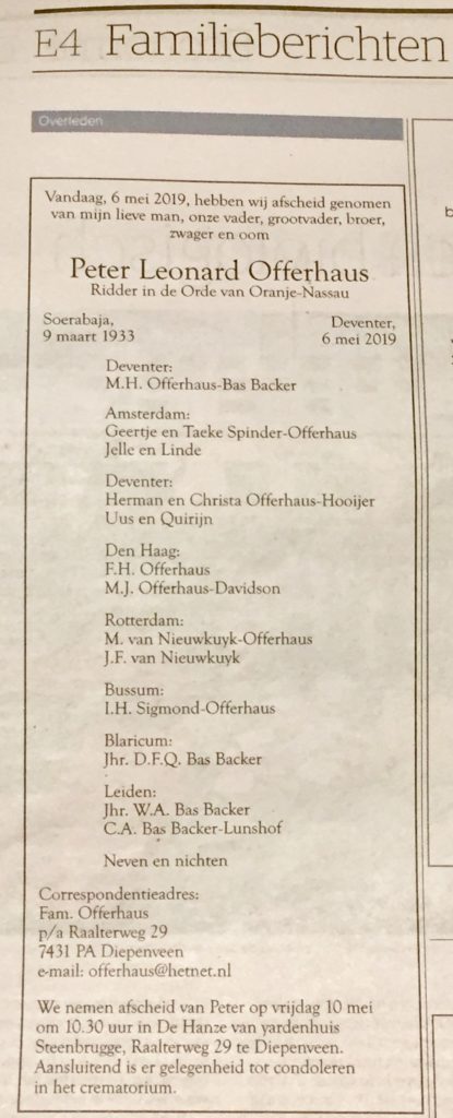 Overlijdens advertentie Peter Offerhaus