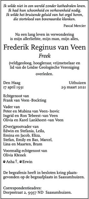 Overlijdensbericht Freek van Veen